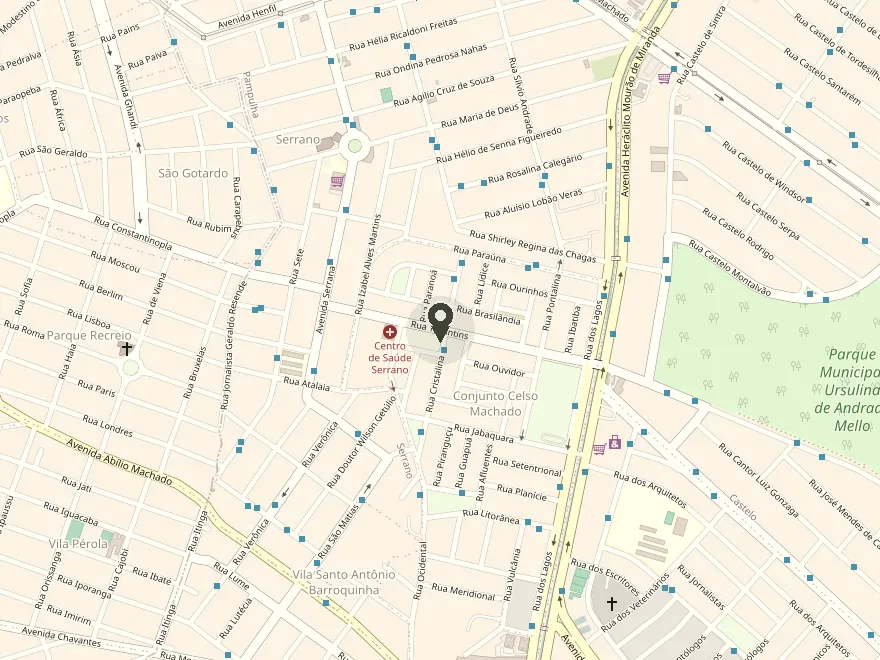 Mapa do bairro Serrano, em Belo Horizonte, com o consultório marcado na Rua Tocantins.
